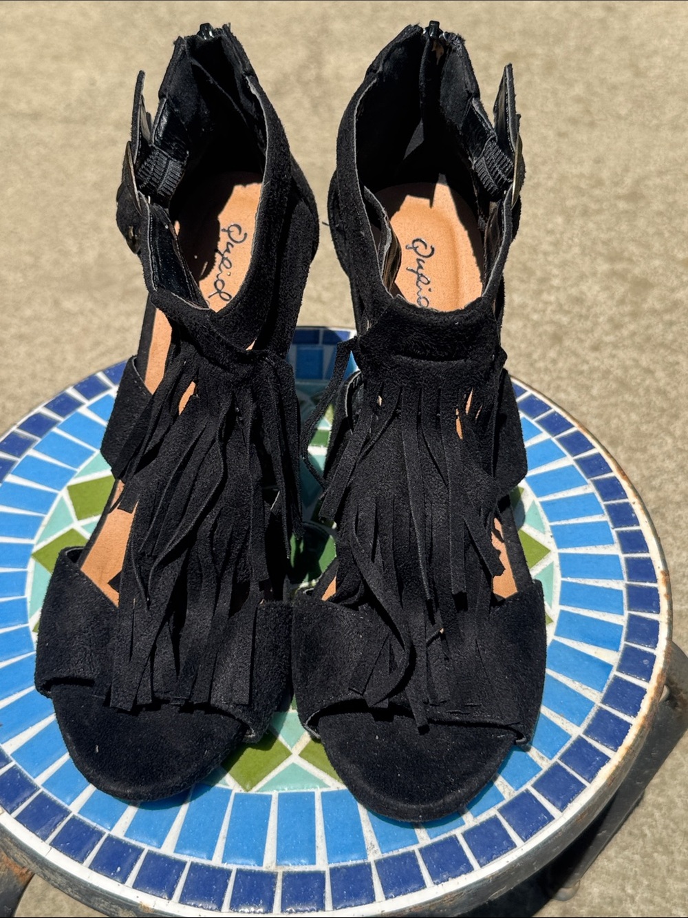 Qupid Black Suede Fringe Ankle Strap Heels
